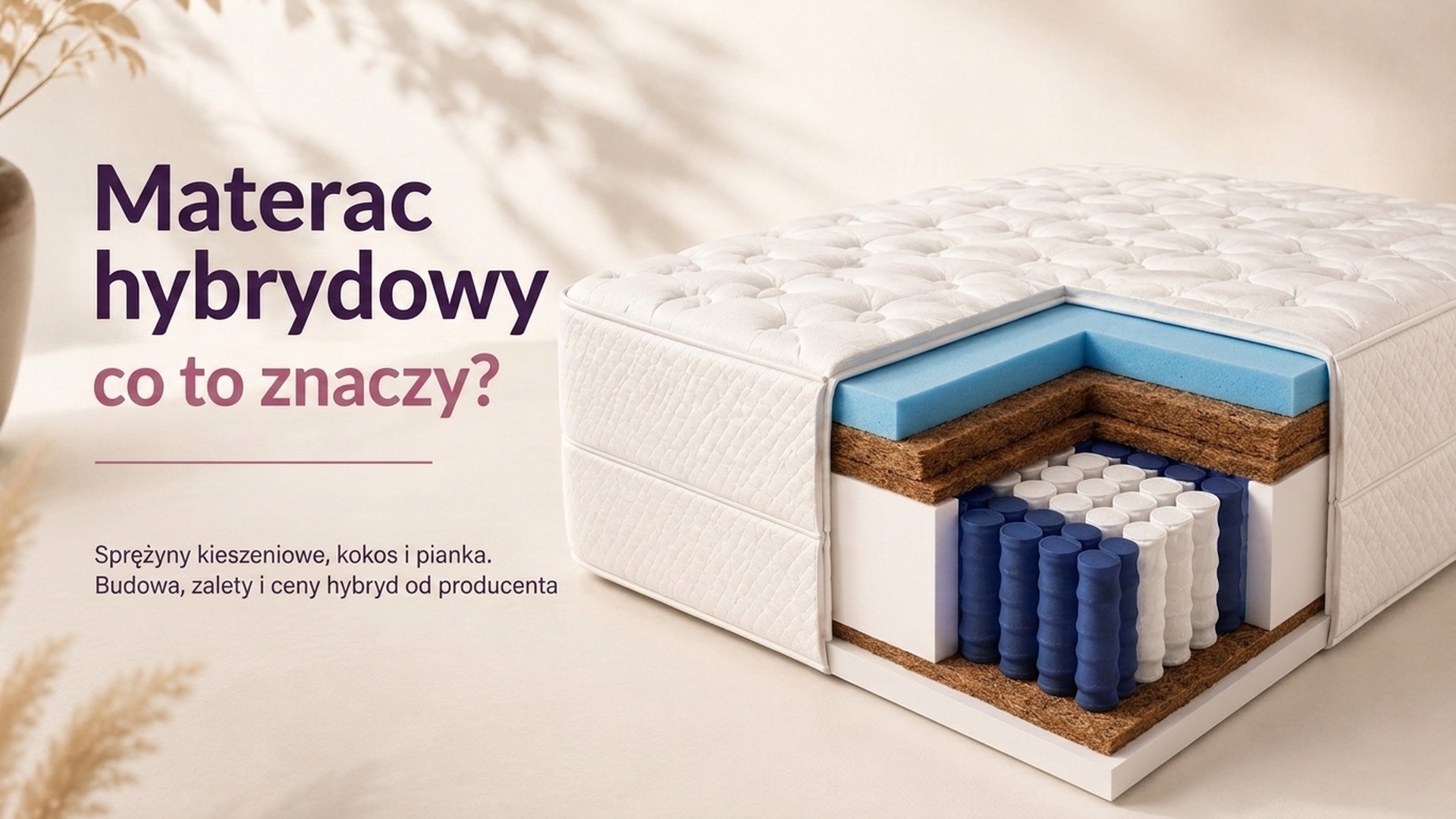 Przekrój materaca hybrydowego, sprężyny kieszeniowe z warstwami pianki i maty kokosowej